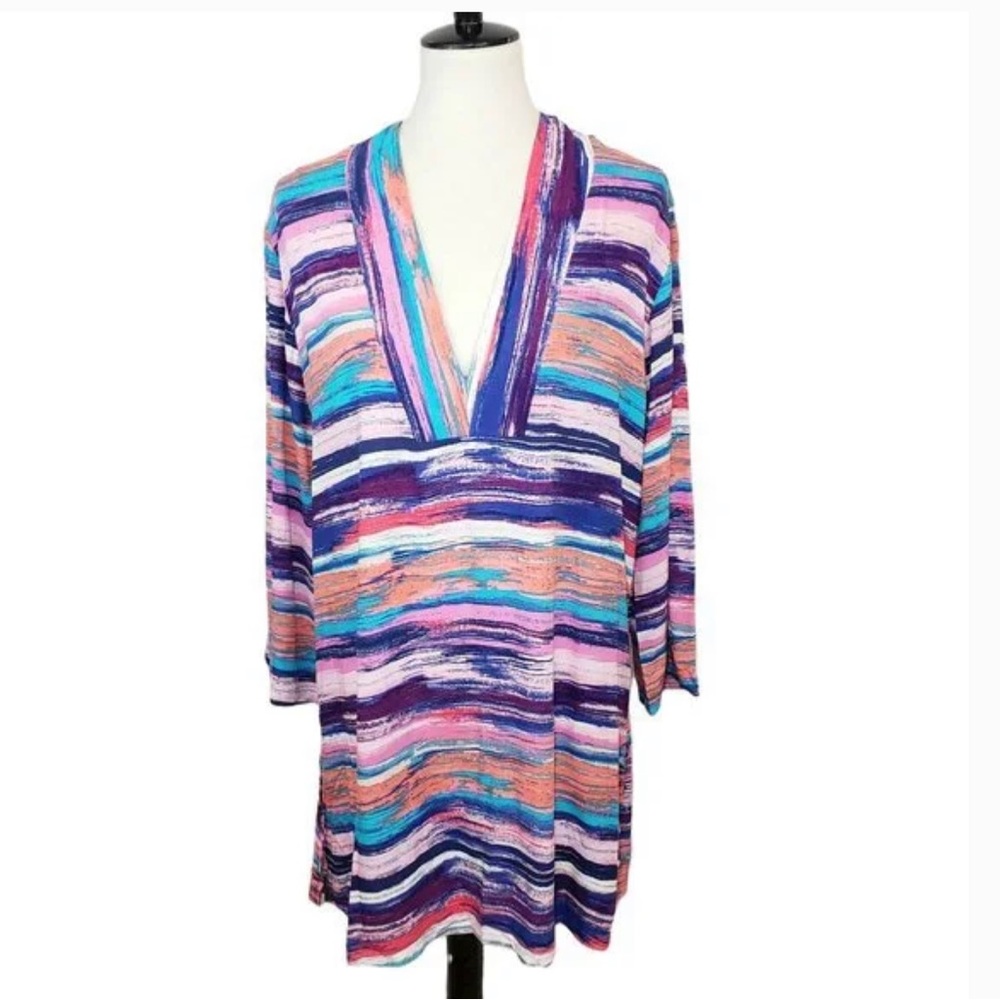 Liz Claiborne Multicolored Streak V-Neck Tunic Top Dress Womens